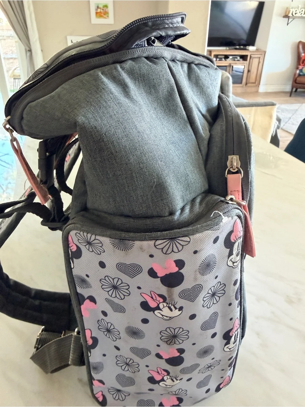 Minnie Mouse diaper bag- Gray & Pink or can be used as kids backpack for travel
